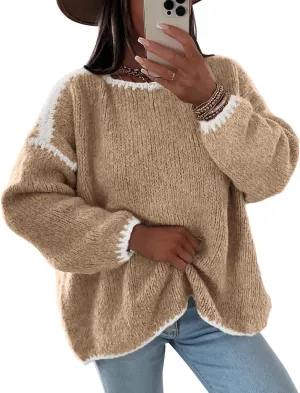 KIRUNDO Womens Sweaters 2025 Fall Oversized Long Sleeve Chunky Knit Crew Neck Contrast Stitching Pullover Winter Clothes