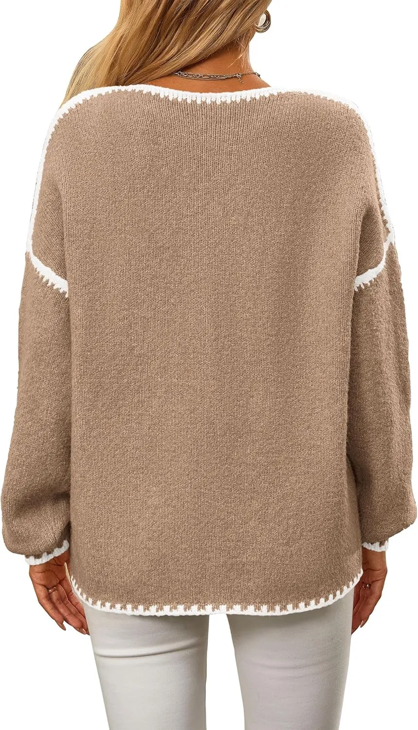 KIRUNDO Womens Sweaters 2025 Fall Oversized Long Sleeve Chunky Knit Crew Neck Contrast Stitching Pullover Winter Clothes