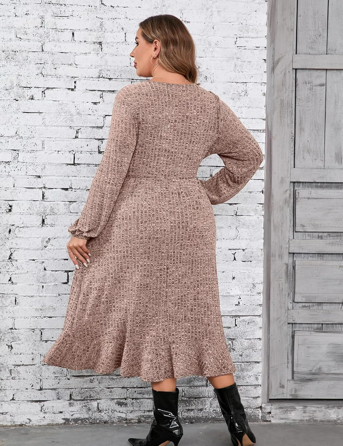 KOJOOIN Women's Plus Size Sweater Dress V-Neck Long Sleeve Fall Dresses Ribbed Knit Sweater Dress with Pockets