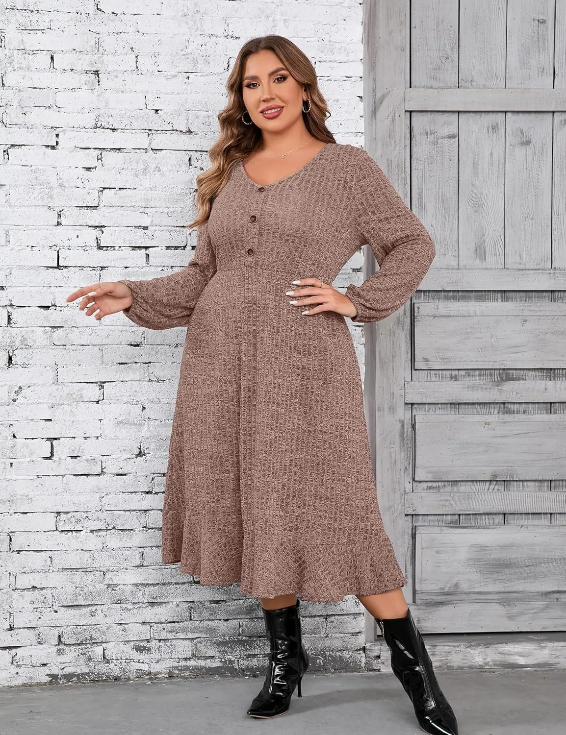 KOJOOIN Women's Plus Size Sweater Dress V-Neck Long Sleeve Fall Dresses Ribbed Knit Sweater Dress with Pockets