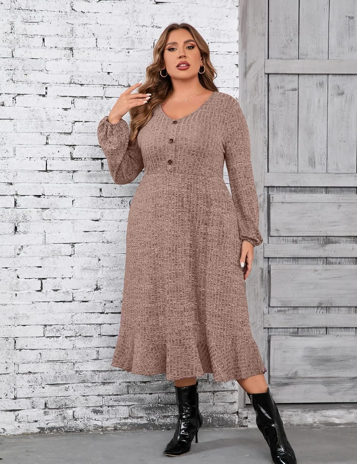 KOJOOIN Women's Plus Size Sweater Dress V-Neck Long Sleeve Fall Dresses Ribbed Knit Sweater Dress with Pockets