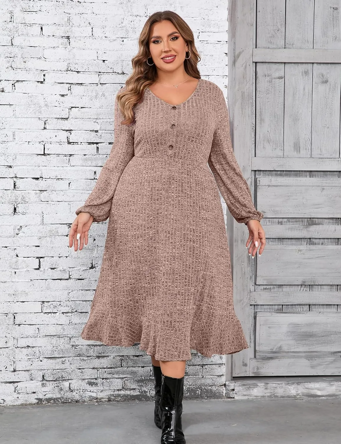 KOJOOIN Women's Plus Size Sweater Dress V-Neck Long Sleeve Fall Dresses Ribbed Knit Sweater Dress with Pockets