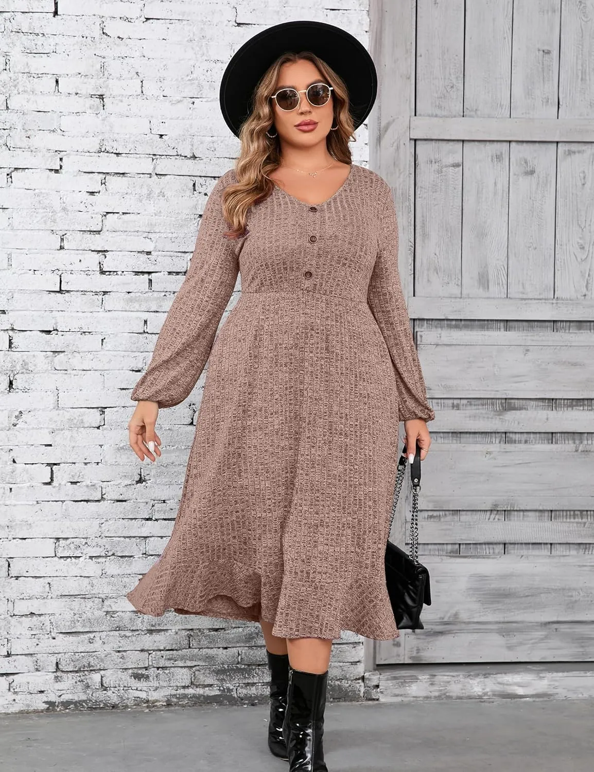 KOJOOIN Women's Plus Size Sweater Dress V-Neck Long Sleeve Fall Dresses Ribbed Knit Sweater Dress with Pockets