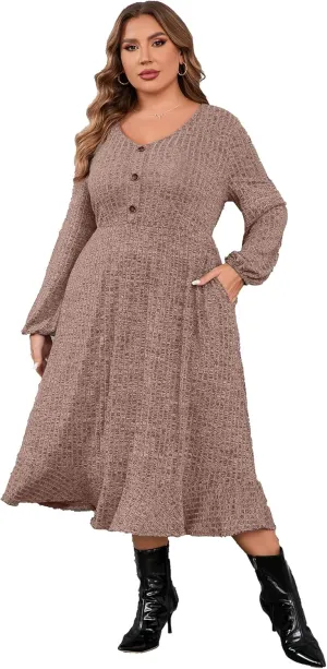 KOJOOIN Women's Plus Size Sweater Dress V-Neck Long Sleeve Fall Dresses Ribbed Knit Sweater Dress with Pockets