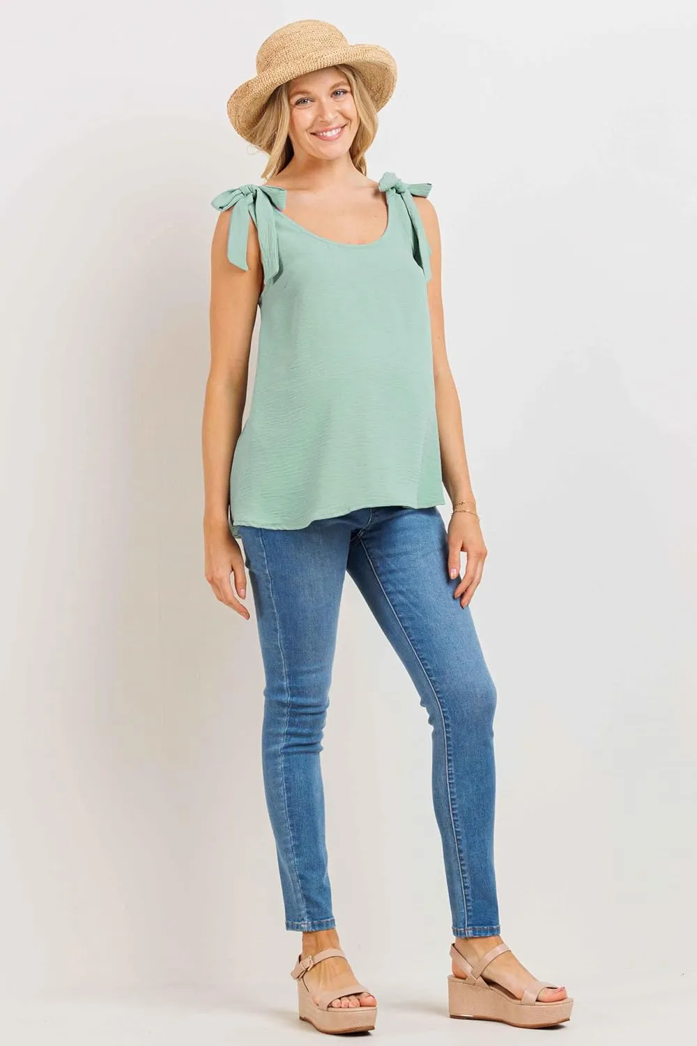 LaClef Womens Sleeveless Tie Shoulder Scoop Neck Maternity Tank Top