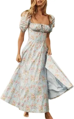 Linsery Women's Puff Sleeve Floral Maxi Dress Elegant Square Neck Cottagecore Boho Split Long Dresses