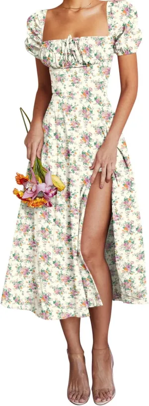 Linsery Women's Puff Sleeve Floral Maxi Dress Elegant Square Neck Cottagecore Boho Split Long Dresses