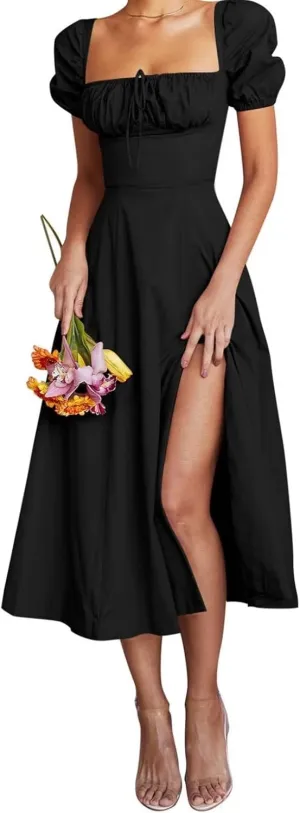 Linsery Women's Puff Sleeve Floral Maxi Dress Elegant Square Neck Cottagecore Boho Split Long Dresses