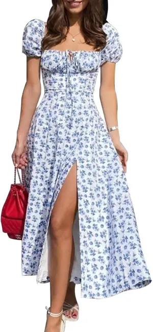 Linsery Women's Puff Sleeve Floral Maxi Dress Elegant Square Neck Cottagecore Boho Split Long Dresses