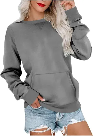 LRMQS Womens Crewneck Long Sleeve Sweatshirt with Kangaroo Pocket Solid Color Pullover Sweatshirts Fall 2023 Fashion Shirt