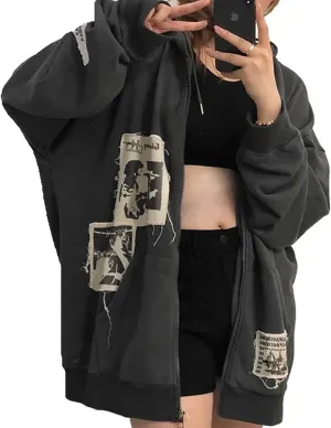 Luckinbaby Women Oversized Zip Up Hoodie Sweatshirt Long Sleeve Y2k Graphic Jacket Skeleton Ribcage Sweatshirts