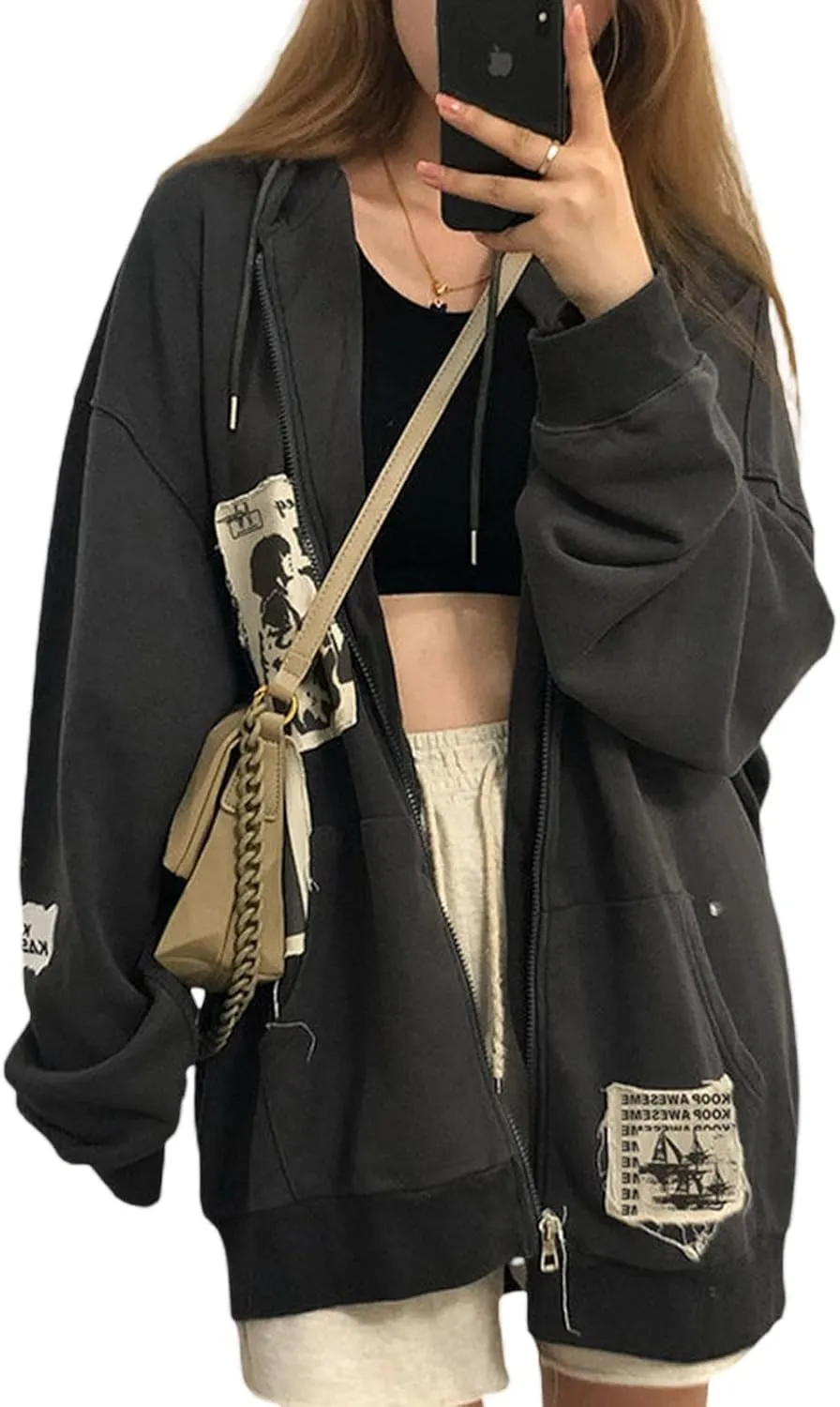 Luckinbaby Women Oversized Zip Up Hoodie Sweatshirt Long Sleeve Y2k Graphic Jacket Skeleton Ribcage Sweatshirts