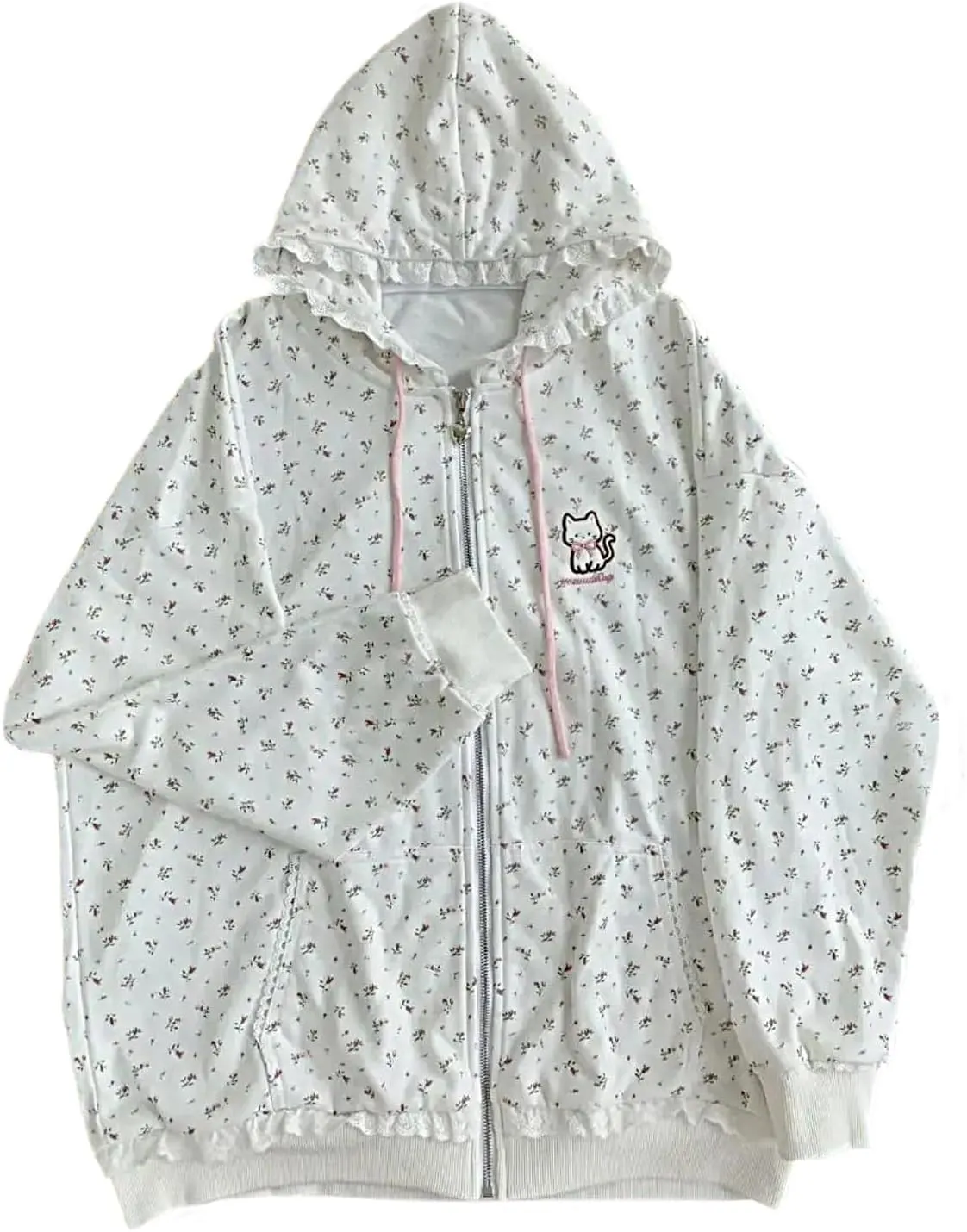 Lunoakvo Women Cute Lace Patchwork Floral Floral Hoodie Kawaii Cat Embroidery Zipper Hooded Sweatshirt for Teen Girls