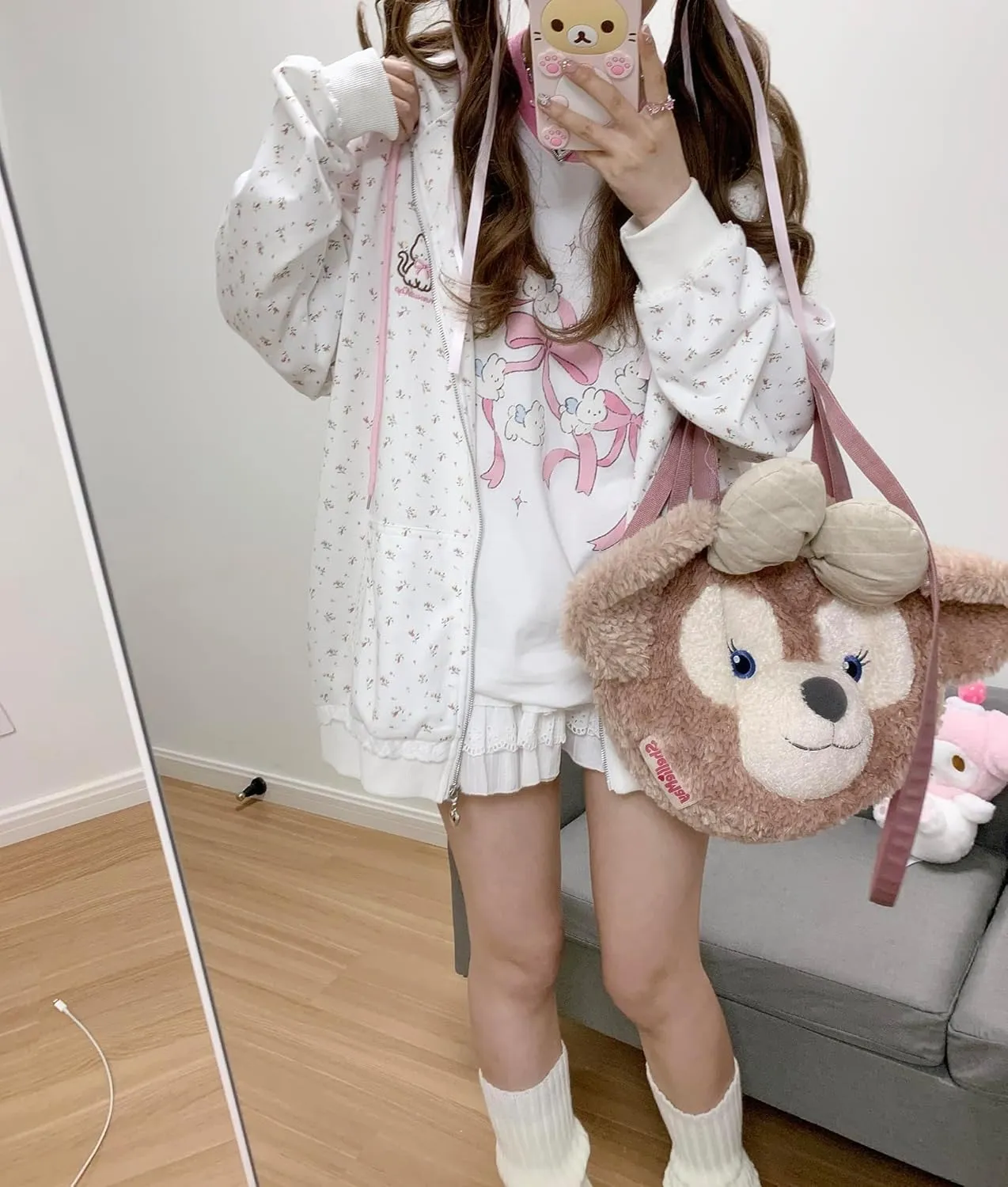 Lunoakvo Women Cute Lace Patchwork Floral Floral Hoodie Kawaii Cat Embroidery Zipper Hooded Sweatshirt for Teen Girls