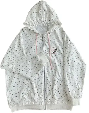 Lunoakvo Women Cute Lace Patchwork Floral Floral Hoodie Kawaii Cat Embroidery Zipper Hooded Sweatshirt for Teen Girls