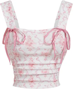 MakeMeChic Women's Floral Bow Wide Strap Cami Top Ruched Sleeveless Tank Crop Tops