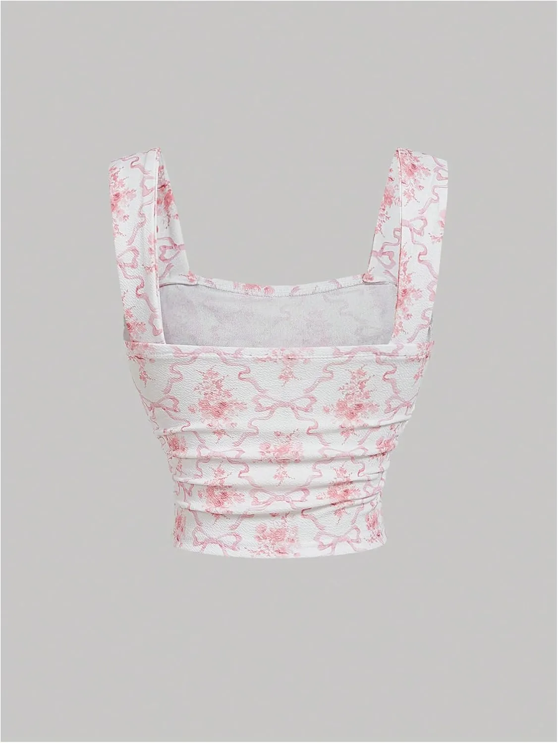 MakeMeChic Women's Floral Bow Wide Strap Cami Top Ruched Sleeveless Tank Crop Tops