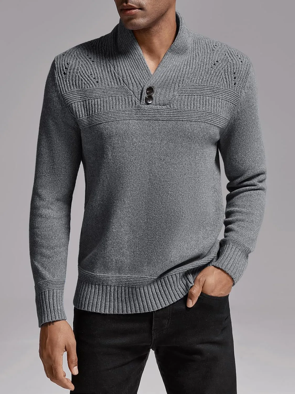 Makkrom Mens Shawl Collar Sweater Cable Knit Pullovers Casual Fall Winter Button Long Sleeve Classic Dress Sweater