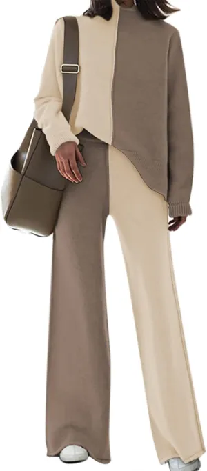 Meenew Women's High Neck 2 Piece Sweatsuit Long Sleeve Knit Sweater Tops Wide Leg Pants Set Outfits