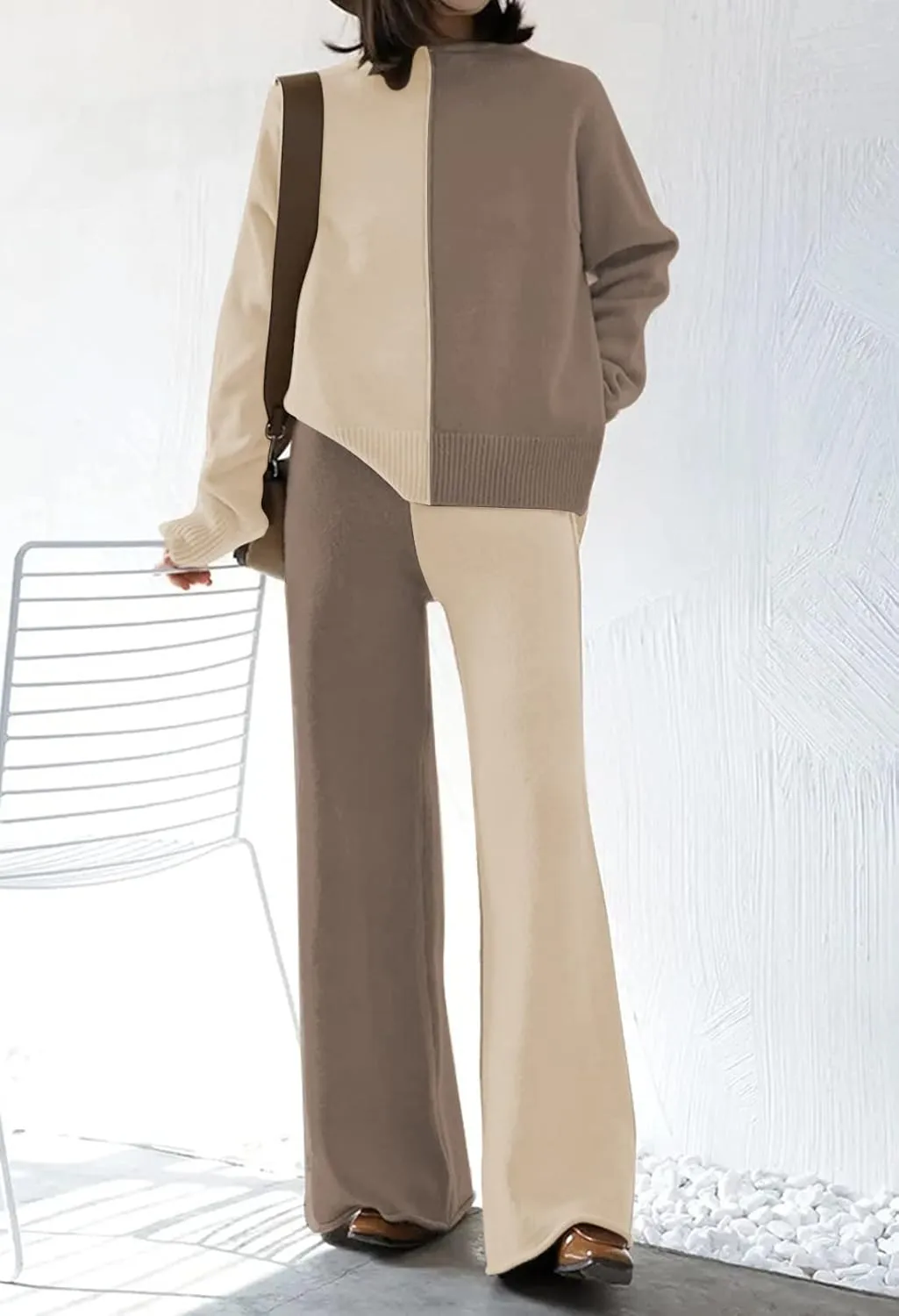 Meenew Women's High Neck 2 Piece Sweatsuit Long Sleeve Knit Sweater Tops Wide Leg Pants Set Outfits