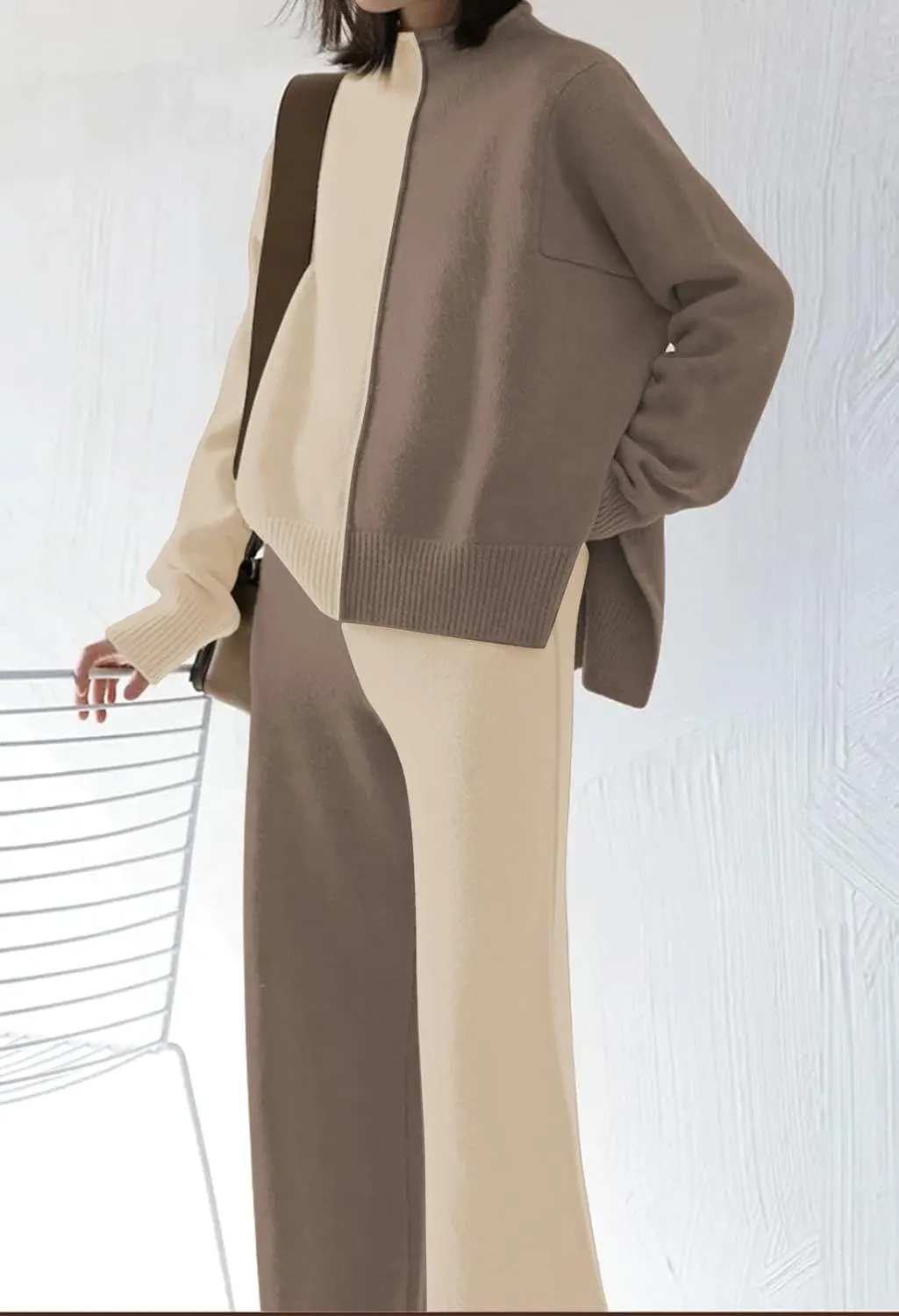 Meenew Women's High Neck 2 Piece Sweatsuit Long Sleeve Knit Sweater Tops Wide Leg Pants Set Outfits