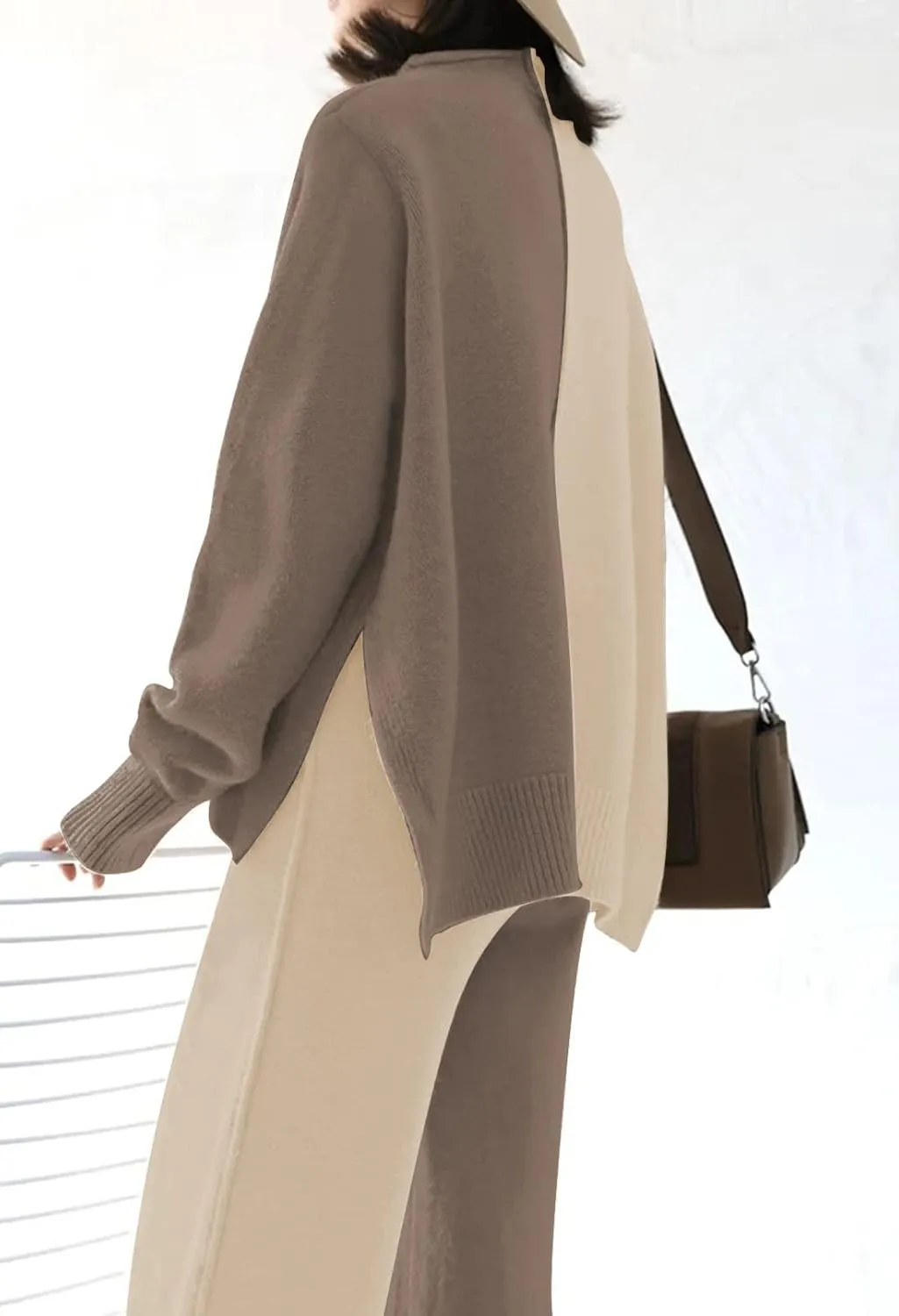 Meenew Women's High Neck 2 Piece Sweatsuit Long Sleeve Knit Sweater Tops Wide Leg Pants Set Outfits