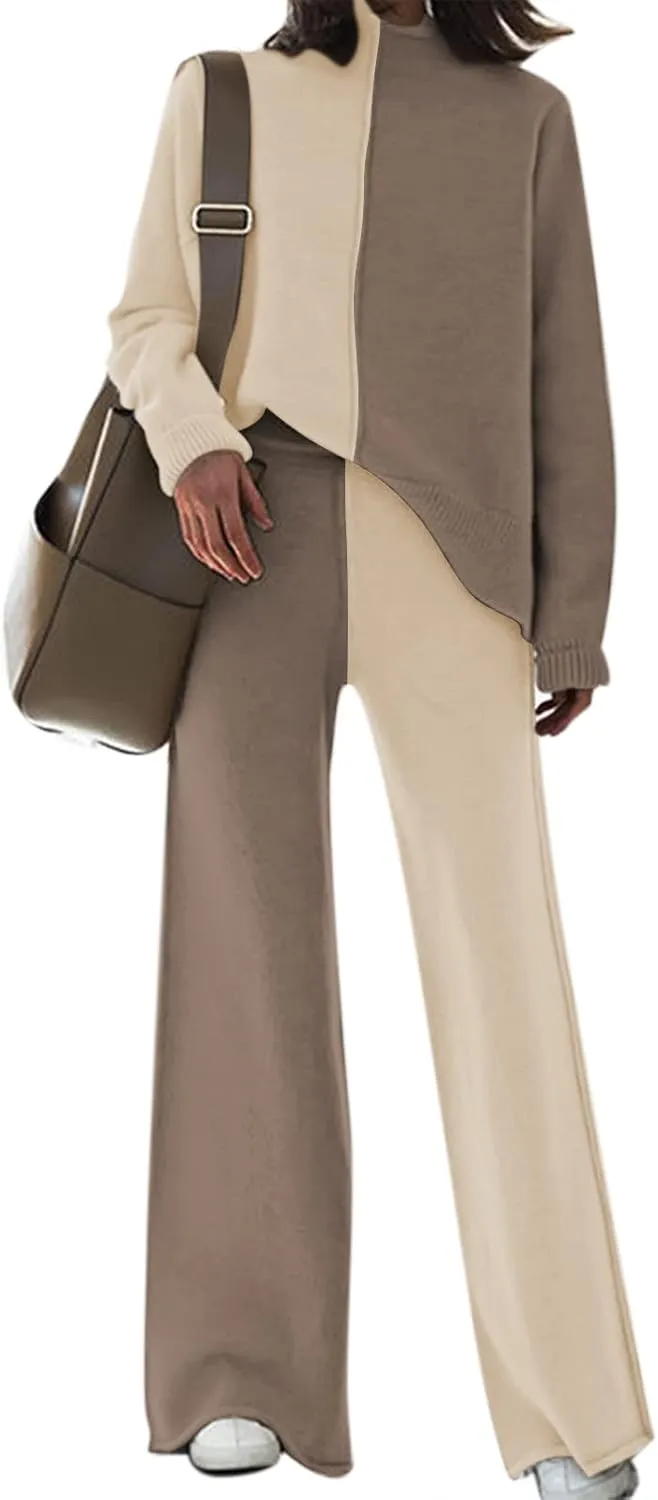 Meenew Women's High Neck 2 Piece Sweatsuit Long Sleeve Knit Sweater Tops Wide Leg Pants Set Outfits