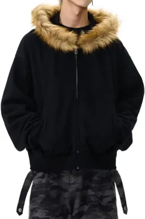 Men Hoodie Zip Up Y2k Zip Up Hoodie Fur Hooded Jacket Warm Winter Coat for Men with Hood Fur Collar Streetwear