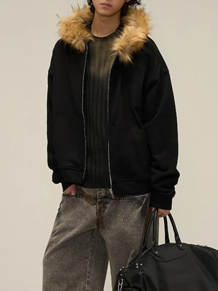 Men Hoodie Zip Up Y2k Zip Up Hoodie Fur Hooded Jacket Warm Winter Coat for Men with Hood Fur Collar Streetwear