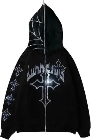Men Women Full Zip Up Spring Fall Hoodie Jacket Over Face Oversized Graphic Rhinestone Streetwear Jackets
