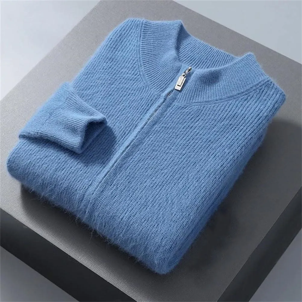 Men's 100 Percent Cashmere Zipper Cardigan Casual Long Sleeve Ribbed Knitted Sweater