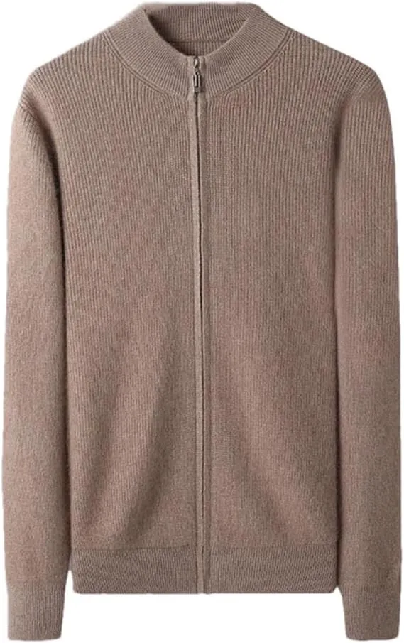 Men's 100 Percent Cashmere Zipper Cardigan Casual Long Sleeve Ribbed Knitted Sweater