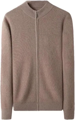 Men's 100 Percent Cashmere Zipper Cardigan Casual Long Sleeve Ribbed Knitted Sweater