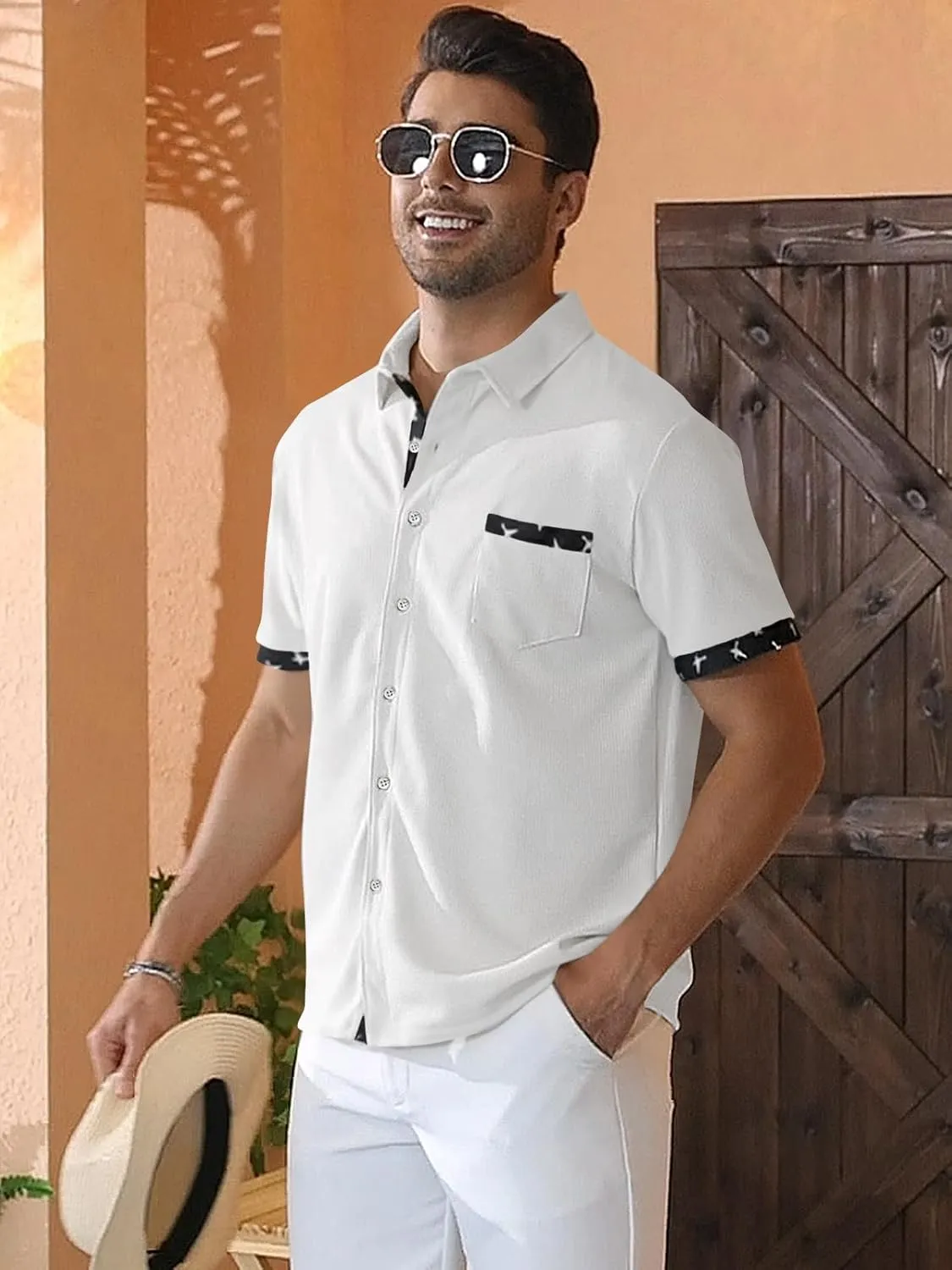Men's Casual Short Sleeve Button Down Shirt - Summer Beach Wedding with Pocket
