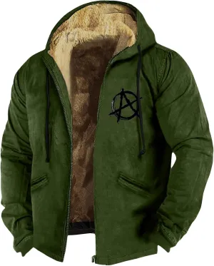Mens Coat Sherpa Fleece Lined Hoodies Full Zipper Coats Winter Warm Jackets Vintage Printed Outwear