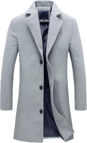 Mens Double Breasted Trench Coat Notched Collar Long Jacket Wool Blend Pea Coat Smart Casual Business Overcoat Big&Tall