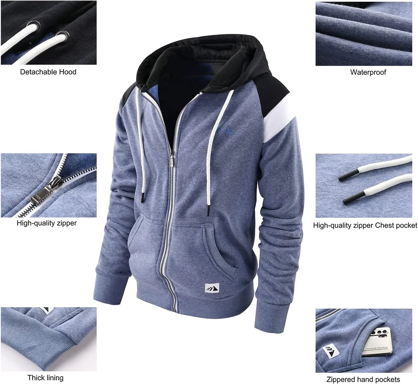 Men's Full Zip Fleece Hoodie zippered Color Block hooded slim Fit Long Sleeve Lightweight Sweatshirt