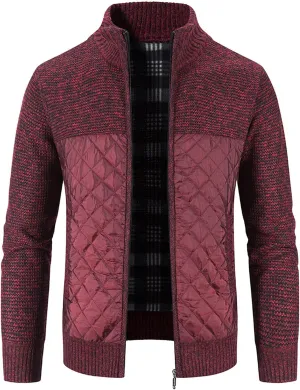 Men's Knitted Cardigan Sweater Coat Full Zip Up Stand Collar Slim Fit Cotton-Padded Jackets Warm Casual Winter Coats