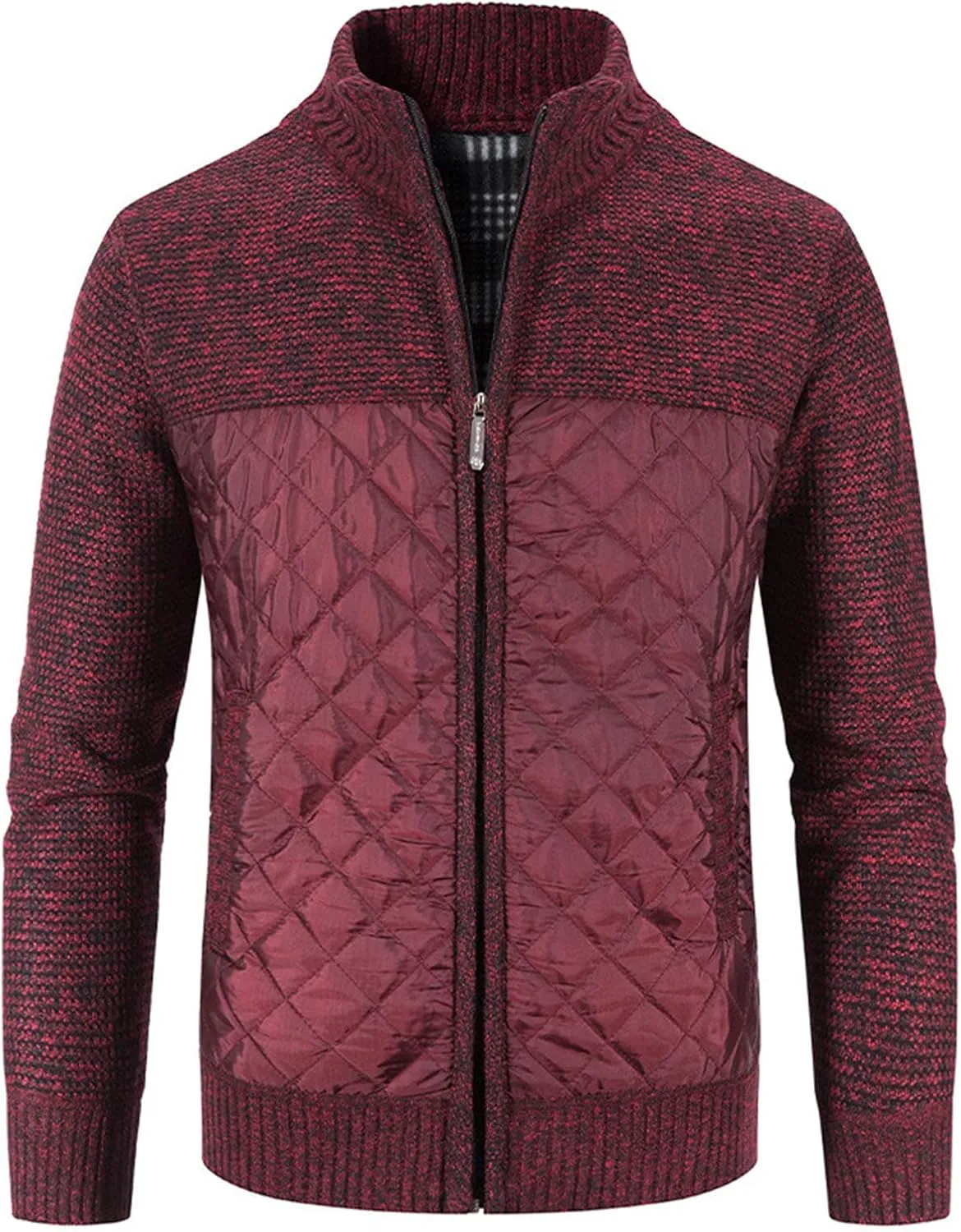 Men's Knitted Cardigan Sweater Coat Full Zip Up Stand Collar Slim Fit Cotton-Padded Jackets Warm Casual Winter Coats