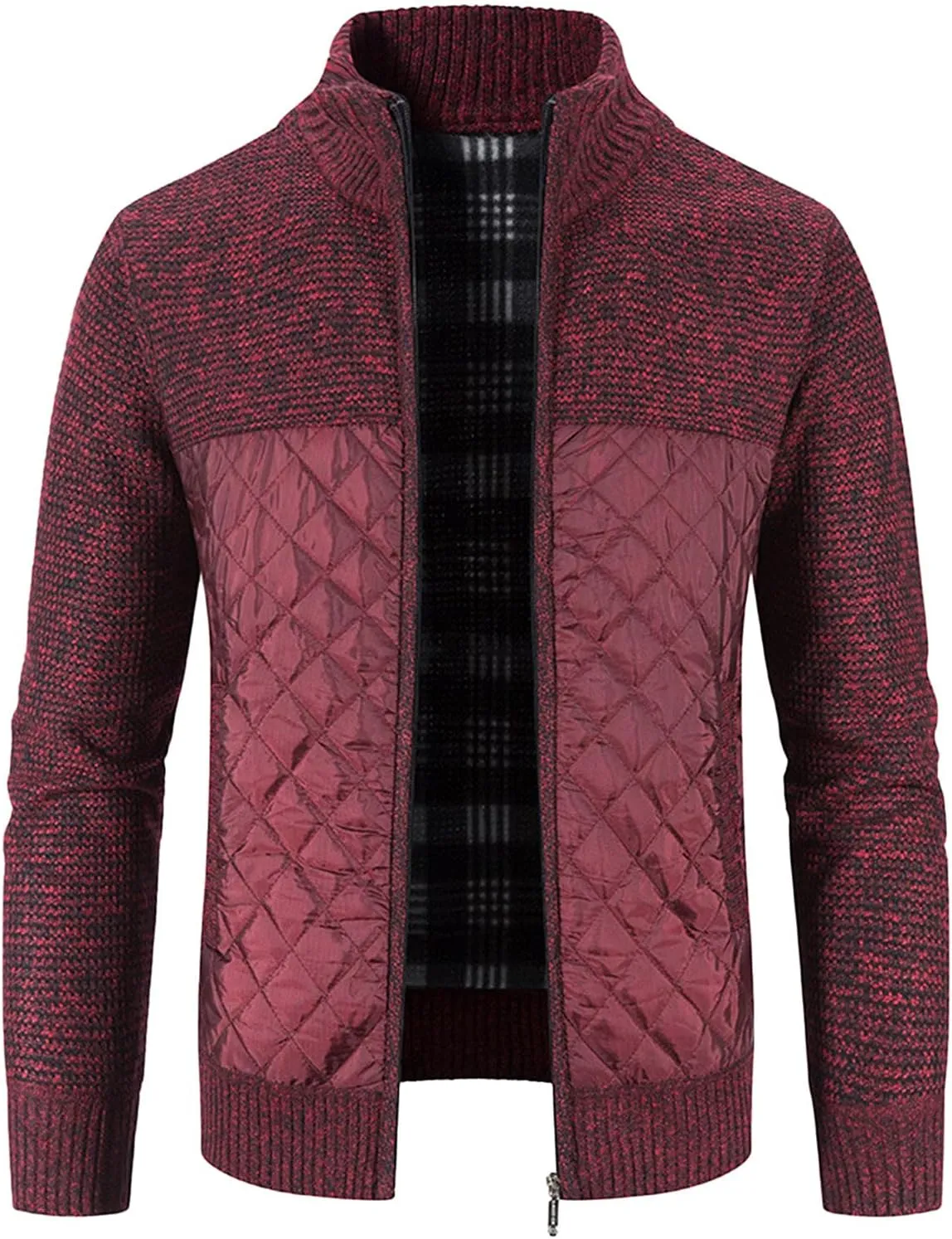 Men's Knitted Cardigan Sweater Coat Full Zip Up Stand Collar Slim Fit Cotton-Padded Jackets Warm Casual Winter Coats