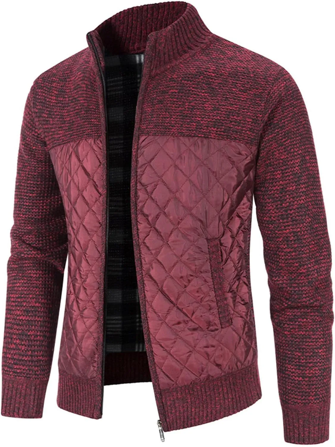 Men's Knitted Cardigan Sweater Coat Full Zip Up Stand Collar Slim Fit Cotton-Padded Jackets Warm Casual Winter Coats