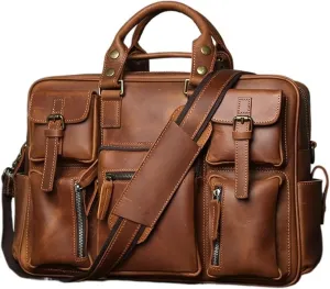 Mens Leather Briefcase, Top Cowhide Laptop Shoulder Bag, Large Capacity Travel Bag (Brown)