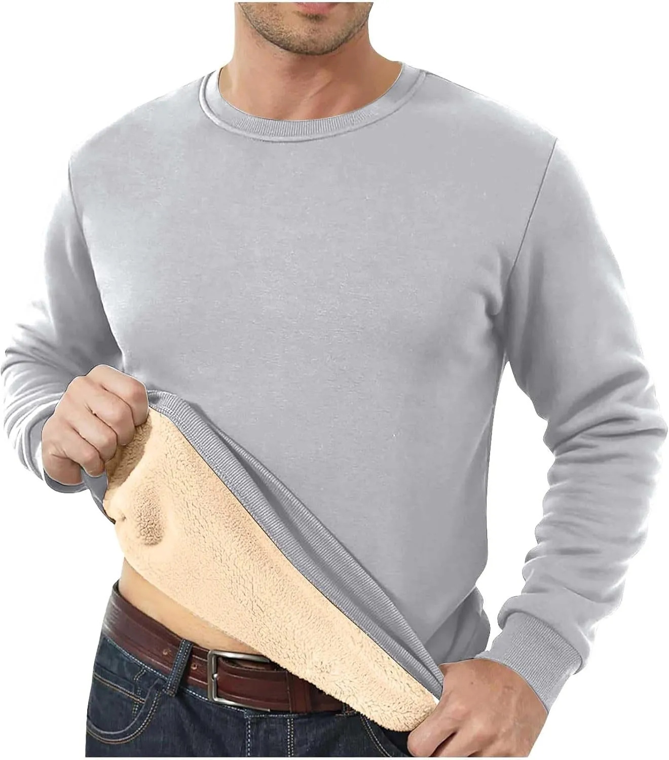 Men's Sherpa Lined Fleece Thick Sweatshirt Oversized Warm Crewneck Heavyweight Long Sleeve Pullover Winter Tops
