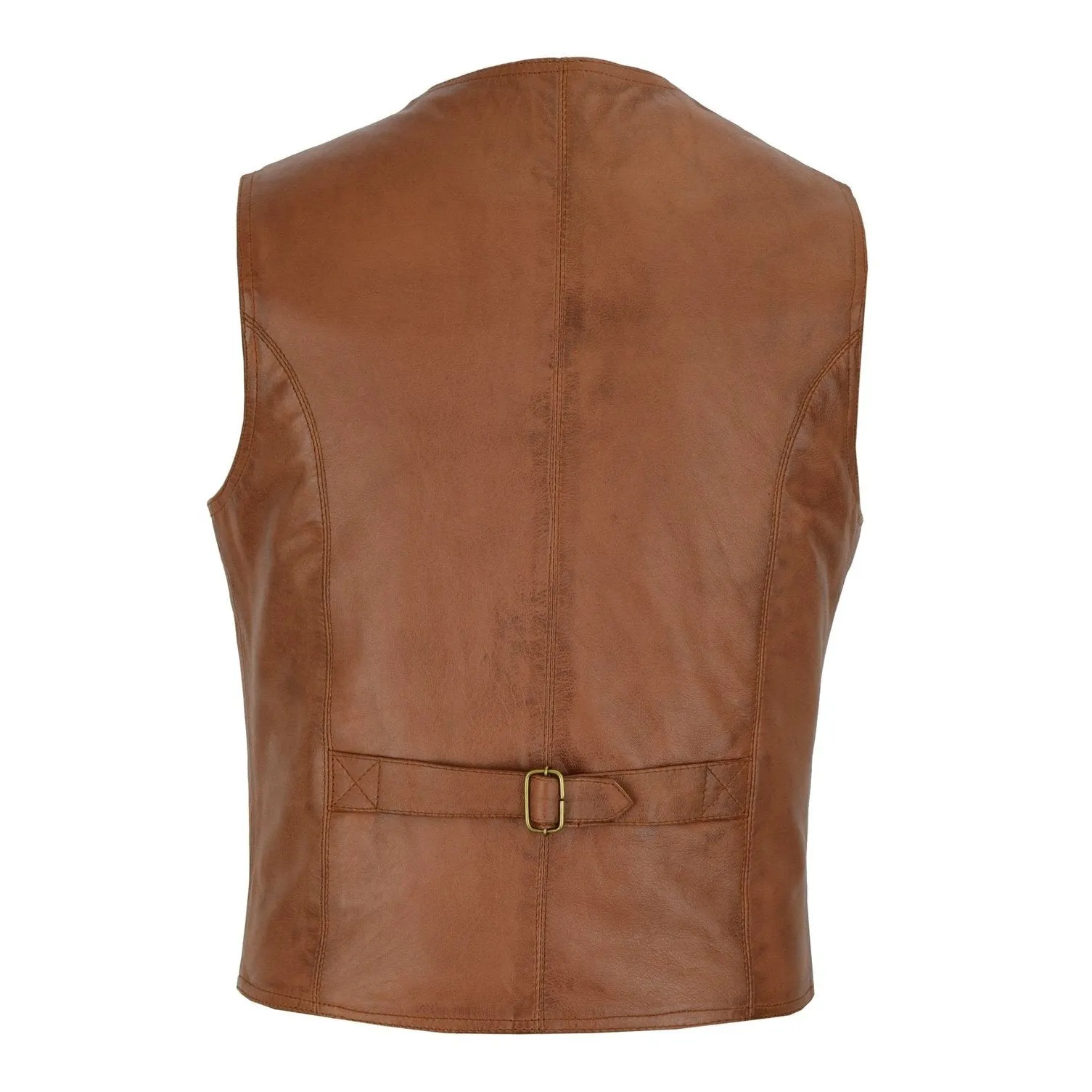 Mens Tan Leather Waistcoat Vest with Snap Button
