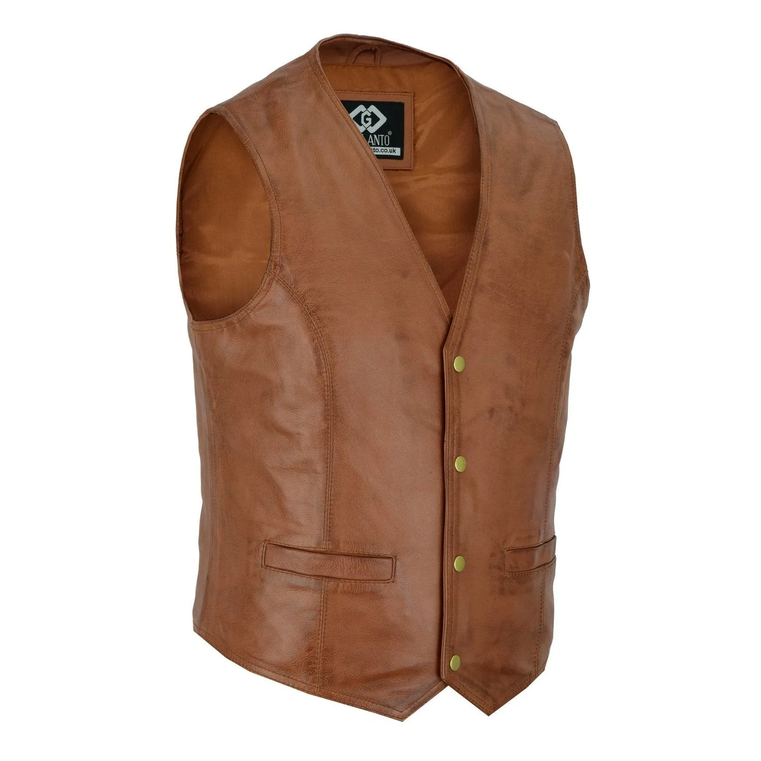 Mens Tan Leather Waistcoat Vest with Snap Button