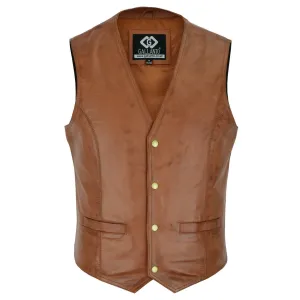 Mens Tan Leather Waistcoat Vest with Snap Button