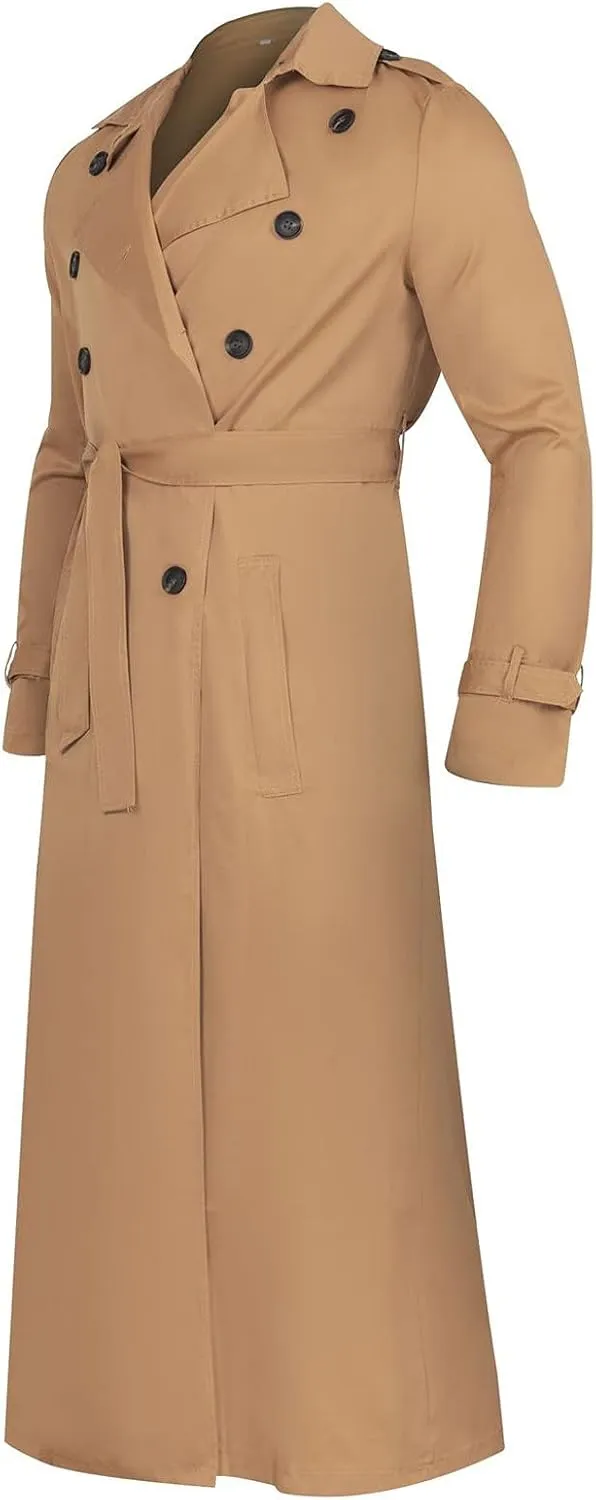 Men's Trench Coat Slim fit Lapel Double Breasted Belted Windbreaker Long Jacket Windproof Button Overcoat