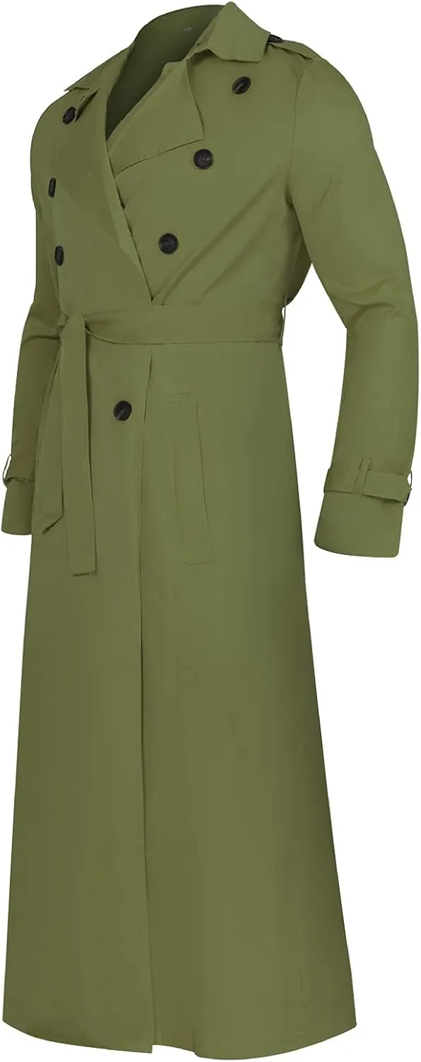 Men's Trench Coat Slim fit Lapel Double Breasted Belted Windbreaker Long Jacket Windproof Button Overcoat