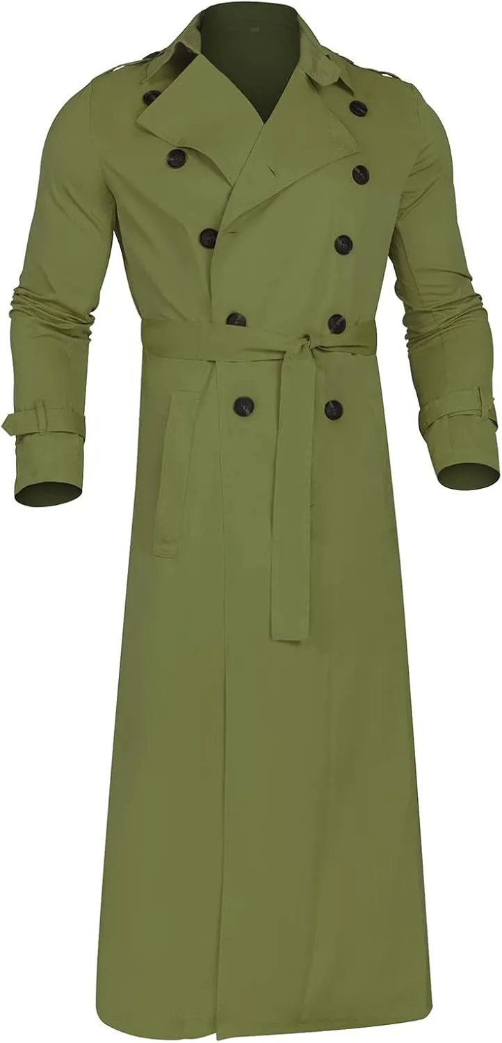 Men's Trench Coat Slim fit Lapel Double Breasted Belted Windbreaker Long Jacket Windproof Button Overcoat