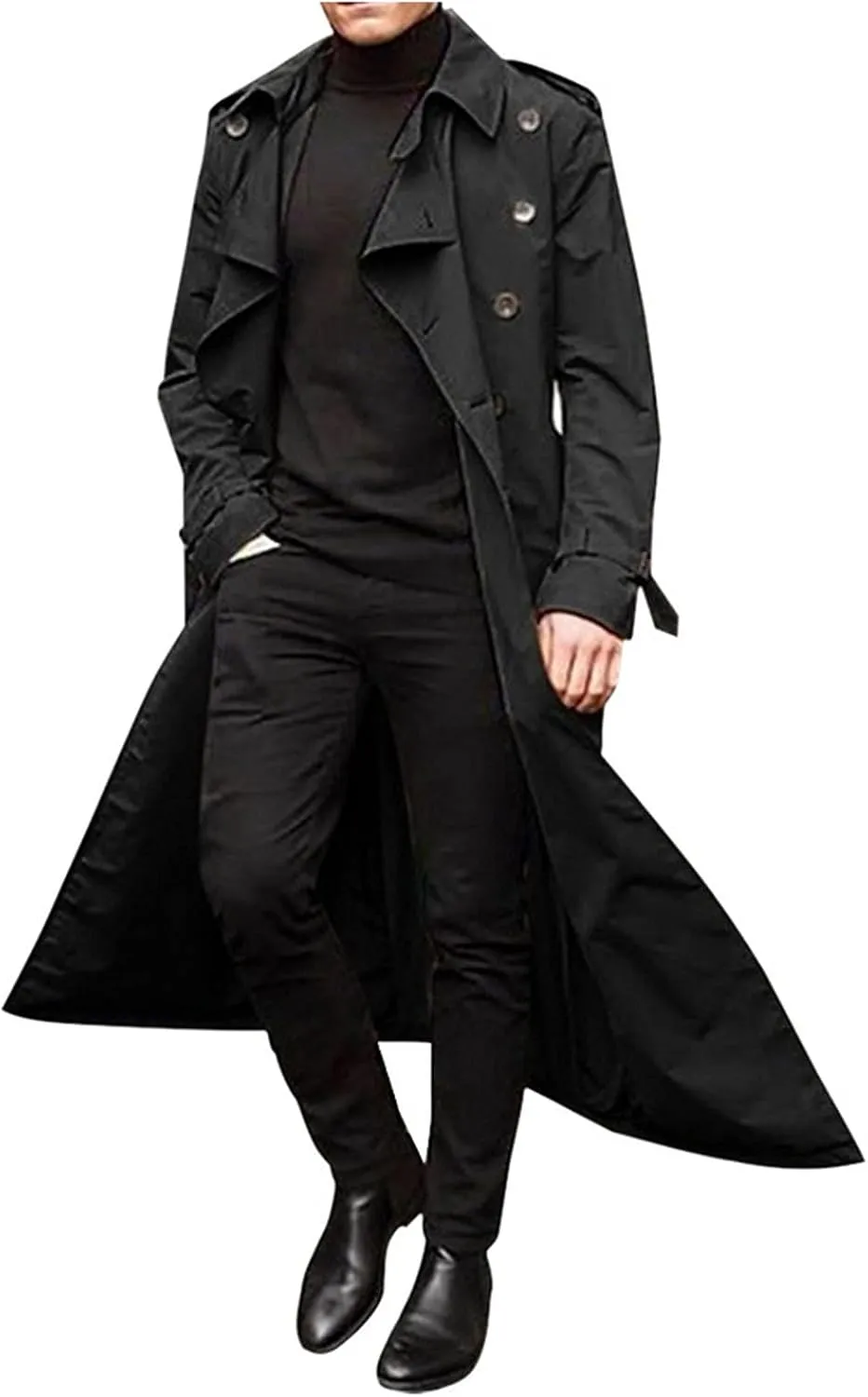 Men's Trench Coat Slim fit Lapel Double Breasted Belted Windbreaker Long Jacket Windproof Button Overcoat